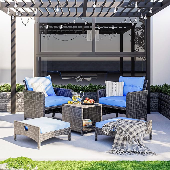 Pamapic 5 Pieces Wicker Patio Furniture Set Outdoor Patio Chairs with Ottomans Conversation Furniture with coffetable for Poorside Garden Balcony(Blue Cushion + Black Rattan)… - LeafyLoom