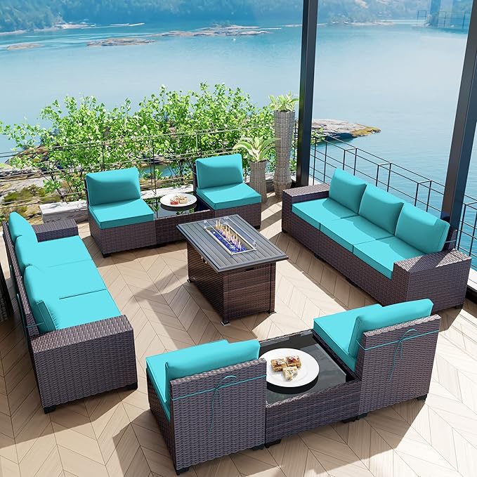 Kullavik 13 Pieces Outdoor Patio Furniture Set with 43" 55000BTU Gas Propane Fire Pit Table PE Wicker Rattan Sectional Sofa Patio Conversation Sets,Blue - LeafyLoom