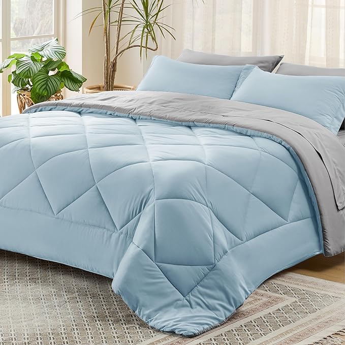 Bedsure Sky Blue Full Size Comforter Set - 7 Pieces Reversible Full Bed in a Bag Full Bed Set with Comforters, Sheets, Pillowcases & Shams, Full Bedding Sets - LeafyLoom