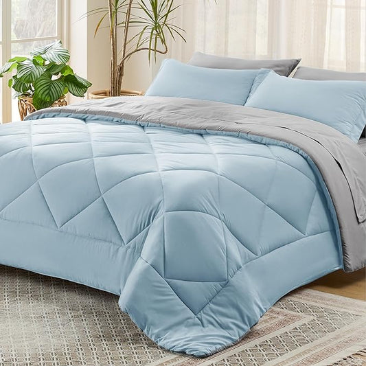 Bedsure Sky Blue Queen Comforter Set - 7 Pieces Reversible Queen Bed in a Bag Queen Bed Set with Comforters, Sheets, Pillowcases & Shams, Queen Bedding Sets - LeafyLoom