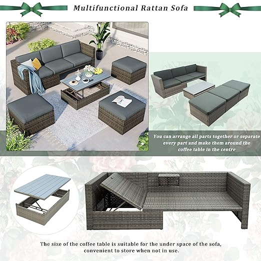 5 Pieces Outdoor Patio Sectional Sofa Couch, PE Wicker Furniture Conversation Sets with Adustable Backrest & Washable Cushions & Ottomans & Glass Coffee Table for Garden, Poolside, Backyard - LeafyLoom