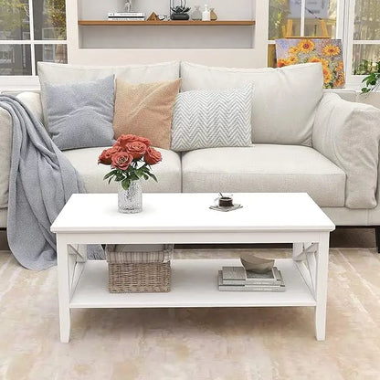 ChooChoo White Coffee Table Classic X Design for Living Room, Rectangular Modern Cocktail Table with Storage Shelf, 39 Inch - LeafyLoom