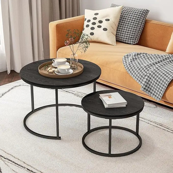 Round Coffee Table Set of 2 End Tables for Living Room,Black Coffee Table Nesting Tables,Living Room Table Wooden Accent Furniture Metal Frame,Sturdy Stacking Side Tables,Easy Assembly - LeafyLoom