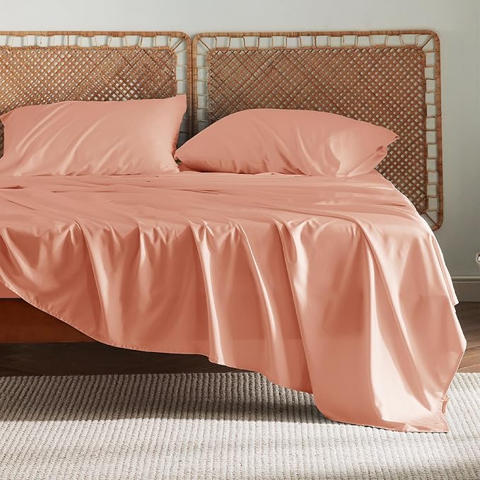 Bedsure Full Size Sheets, Cooling Sheets Full, Rayon Derived from Bamboo, Deep Pocket Up to 16", Breathable & Soft Bed Sheets, Hotel Luxury Silky Bedding Sheets & Pillowcases, Coral - LeafyLoom