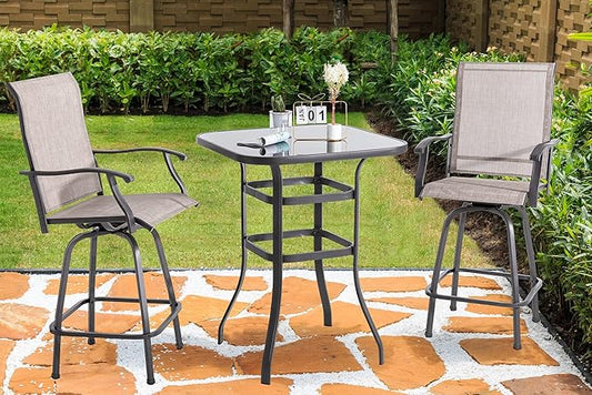 Shintenchi Patio Swivel Bar Set, All Weather Textile Fabric Outdoor High Stool Bistro Set with 2 Bar Chairs and Glass Table for Home, Backyard, Garden, Lawn, Porch (Brown), 3 Pieces - LeafyLoom