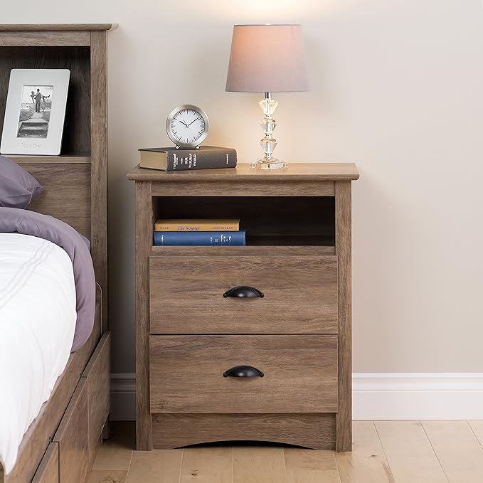 Prepac's Fremont 2 Drawer Nightstand: Elegant Bedroom Furniture, Bedside Table with Open Shelf, 23.25"W x 16"D x 28"H, Drifted Gray - DDC-2428 - LeafyLoom