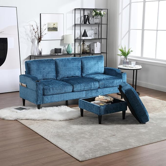 77.36" Modern Chenelle Polyester Sectional Sofa,L-Shaped Couch with Storage Ottoman,3 Seat Interior Furniture W/Pockets and Both Armrests Contain Cup Holders,for Dorm,Apartment,Teal - LeafyLoom