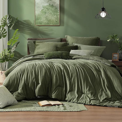 Monbix Full Size Comforter Set, Olive Green Bedding Comforter for Full Size Bed Set Reversible, Bedding Sets Full 7 Pieces, Cationic Dyeing Bed in a Bag with Comforter, Sheets, Pillowcases & Shams - LeafyLoom