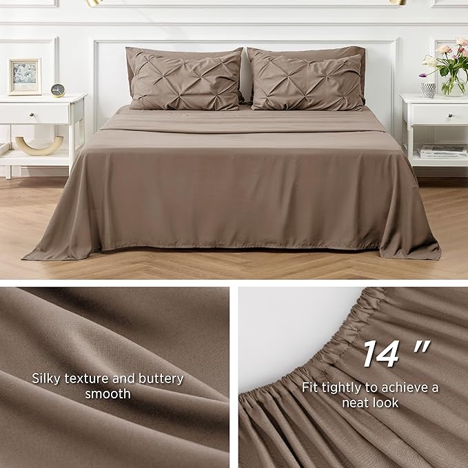 Bedsure Brown Comforter Set Queen - Bed in a Bag Queen 7 Pieces, Pintuck Beddding Sets Brown Bed Set with Comforter, Sheets, Pillowcases & Shams - LeafyLoom