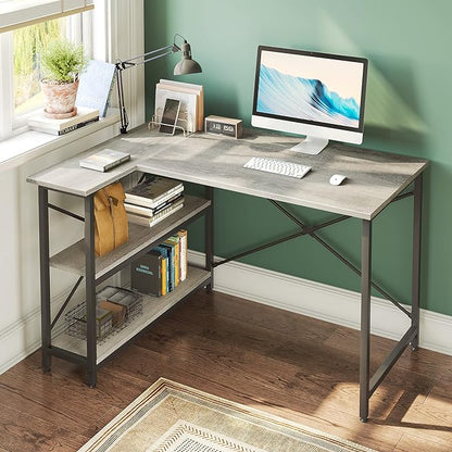 Bestier Small L Shaped Desk with Shelves 47 Inch Reversible Corner Computer Desk Writing Gaming Storage Table for Home Office Small Space, Gray Oak - LeafyLoom