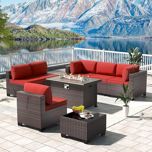 Kullavik 8 Pieces Outdoor Patio Furniture Set with 43" 55000BTU Gas Propane Fire Pit Table PE Wicker Rattan Sectional Sofa Patio Conversation Sets,Red - LeafyLoom