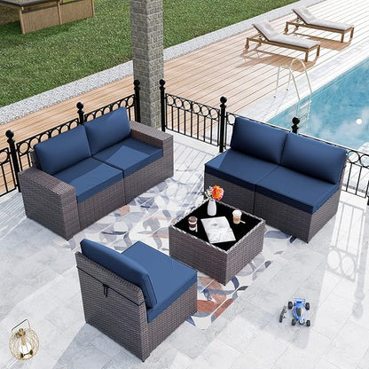 Patio Furniture Set Sofa 6pcs Wicker Sectional Sofa Set, Outdoor Furniture Rattan Patio Conversation Set with Thickened Cushions and Glass Coffee Table, Dark Blue - LeafyLoom