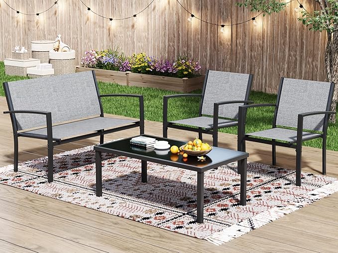 Greesum 4 Pieces Patio Furniture Set, Outdoor Conversation Sets for Patio, Lawn, Garden, Poolside with A Glass Coffee Table, Gray - LeafyLoom