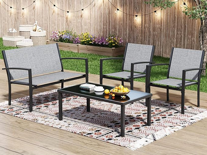 Greesum 4 Pieces Patio Furniture Set, Outdoor Conversation Sets for Patio, Lawn, Garden, Poolside with A Glass Coffee Table, Gray - LeafyLoom