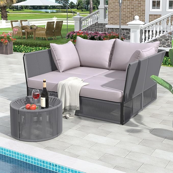 2-Piece Sunbed and Coffee Table, Patio Double Chaise Lounger Loveseat Daybed Outdoor Furniture Set for Backyard Poolside Lawn Balcony, Full, Ac-Grey - LeafyLoom