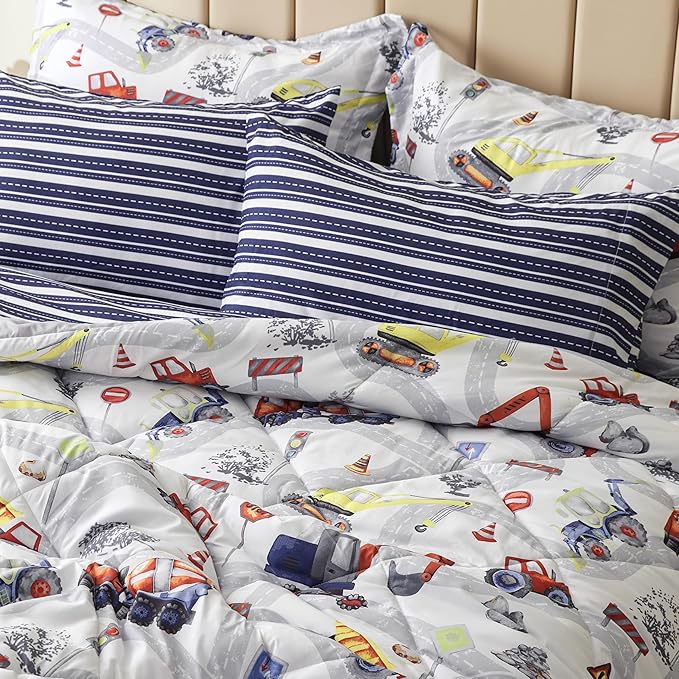 Truck Twin Comforter Set for Boys,5 Pieces Kids Bedroom Bedding Set with Sheets and Pillowcase,Super Soft Lightweight for All Seasons,Car,Machine Washable - LeafyLoom