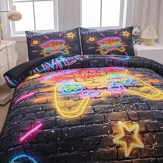 Boys Full Size Bedding Set, Gaming Comforter Sets for Boys, Gamer Bedding Sets for Boys Teens, Neon Kids Bedding Set, Gaming Room Decor for Boys Bedroom(1 Comforter +2 Pillowcases) - LeafyLoom