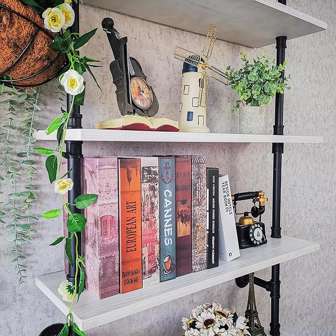 Pipe Shelves, Wall Mounted Wood Metal Industrial Shelves, Ladder Bookshelf for Living Room (White, 10" D x 30" W x 82.5" H) - LeafyLoom