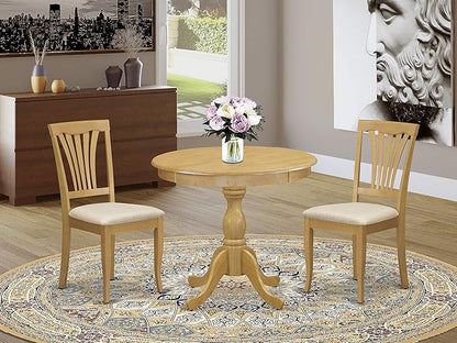 East West Furniture Antique 3 Piece Room Furniture Set Contains a Round Dining Table with Pedestal and 2 Linen Fabric Upholstered Chairs, 36x36 Inch, AMAV3-OAK-C - LeafyLoom