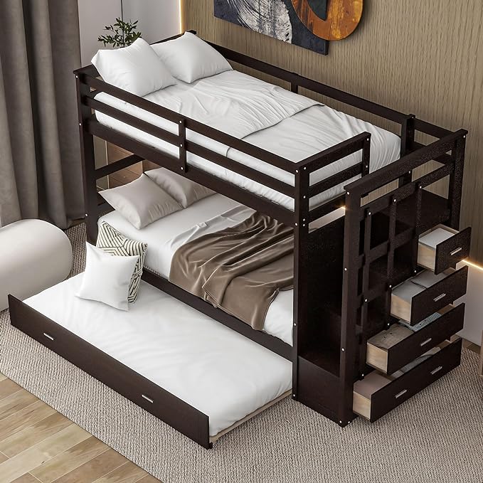 Twin Over Twin Bunk Bed with Stairs, 4 Storage Drawers and Trundle, Wooden Bunkbeds with Staircase and Full-Length Guardrails, for Kids/Teens/Adults, Espresso - LeafyLoom