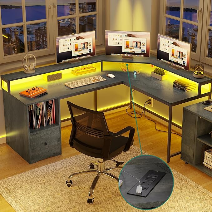 YITAHOME L Shaped Desk with Power Outlets & LED Lights, 67" Computer Desk with File Drawer, Corner Desk Home Office Desk with Monitor Stand & 3 Cubbies Storage Shelves, Grey - LeafyLoom