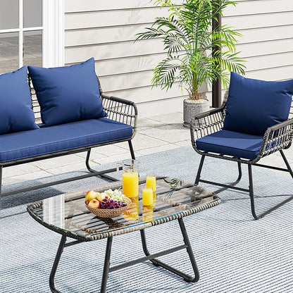 YITAHOME 4-Piece Patio Furniture Wicker Outdoor Bistro Set, All-Weather Rattan Conversation Loveseat Chairs for Backyard, Balcony and Deck with Soft Cushions and Metal Table (Navy Blue) - LeafyLoom