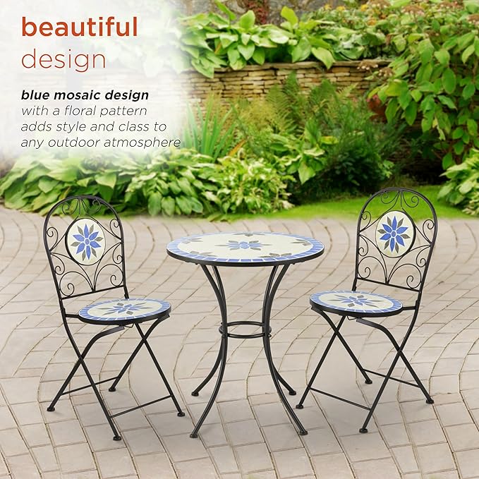 Alpine Corporation Blue and Beige Mosaic Bistro Set, 3-Piece - LeafyLoom