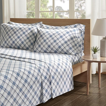 Comfort Spaces Cotton Flannel Breathable Warm Deep Pocket Sheets with Pillow Case Bedding, Cal King, Blue Plaid 4 Piece - LeafyLoom