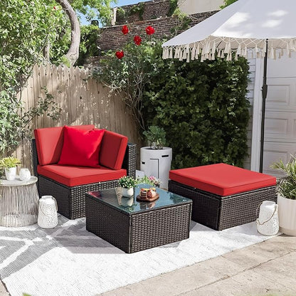 Greesum 3 Piece Patio Conversation Set Wicker Rattan Furniture Outdoor Sofa with Cushions,Pillows & Glass Table for Porch,Lawn and Yard, Red - LeafyLoom