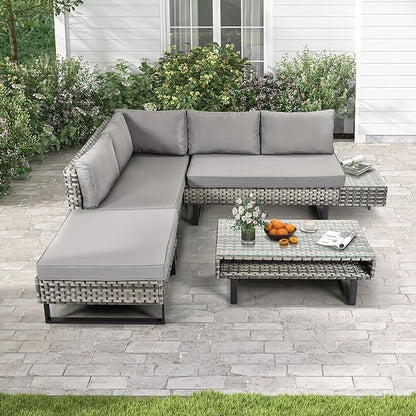 DWVO Patio Furniture Set, Sectional L-Shaped Sofa, for Patio Backyard Poolside Porch, Wicker Conversation Set with Coffee Table & Cushions, Detachable Lounger, All-Weather Rattan, Grey - LeafyLoom