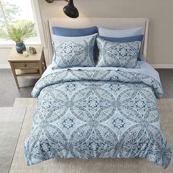 Comfort Spaces Bed in A Bag - Trendy Casual Design Cozy Comforter with Complete Sheet Set with Side Pocket, All Season Cover, Matching Shams, King(104"x90"), Gloria, Damask Blue 9 Piece - LeafyLoom