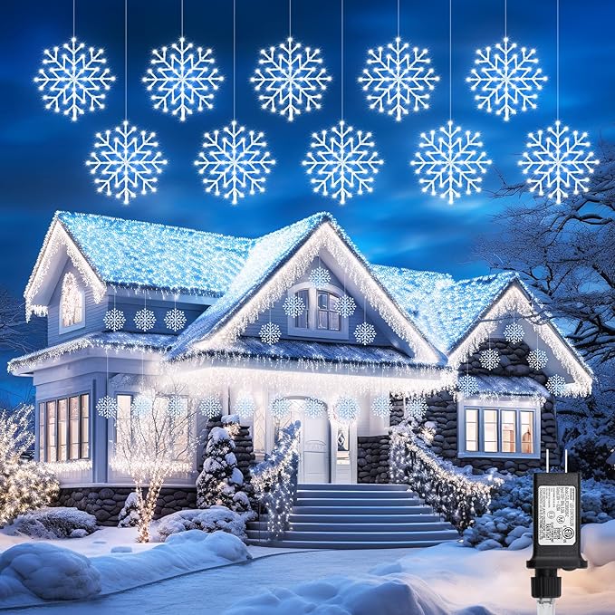 Brightown 2 Pack Christmas Snowflake Icicle Lights Outdoor - Plug-in 23.6ft 10 Drops 480LED Snowflake Window Lights, Connectable for Indoor Outdoor Porch Eaves Rooftops Christmas Decoration Brightown