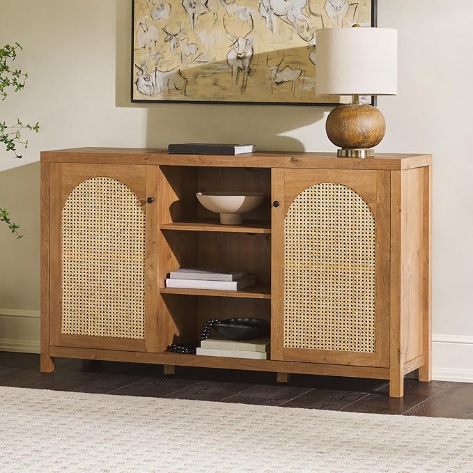 Walker Edison Boho Arched Rattan 2-Door Sideboard, 58 Inch, English Oak - LeafyLoom