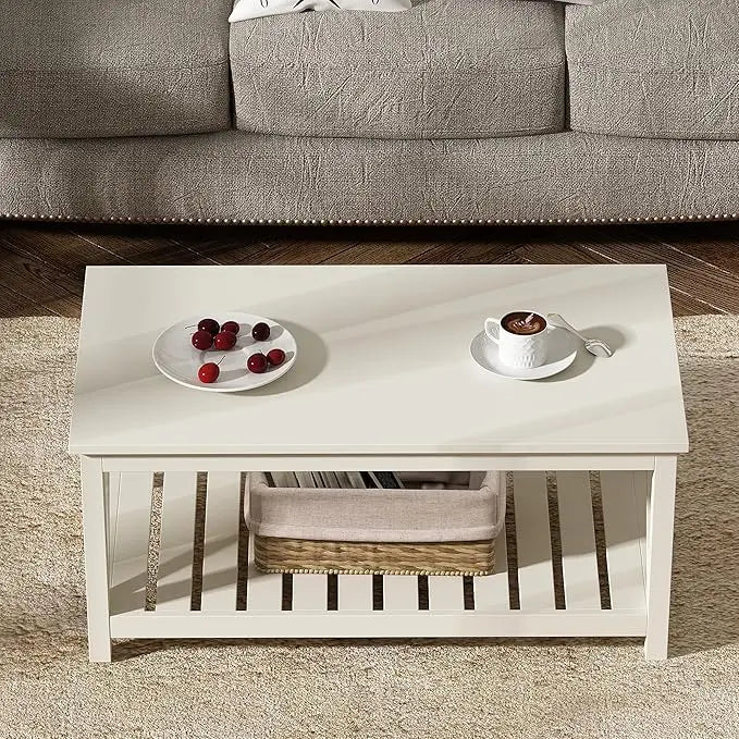 ChooChoo Coffee Table, Living Room Table with Shelf, 40 Antique White - LeafyLoom