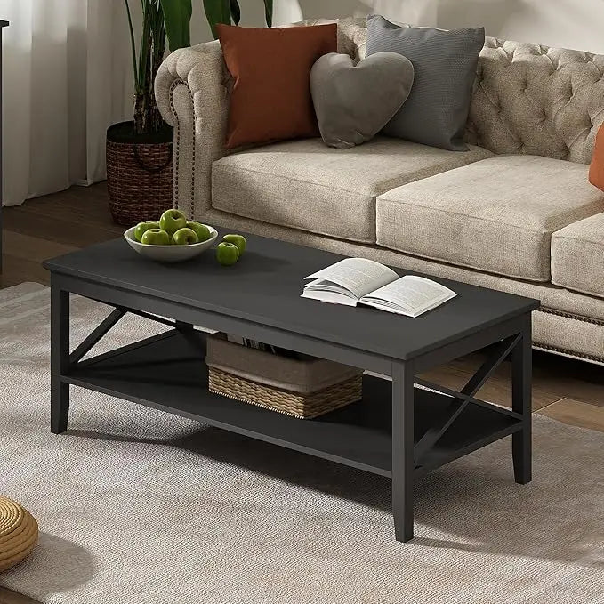 ChooChoo Oxford Coffee Table with Thicker Legs, Black Wood Coffee Table with Storage for Living Room, 47 inch - LeafyLoom