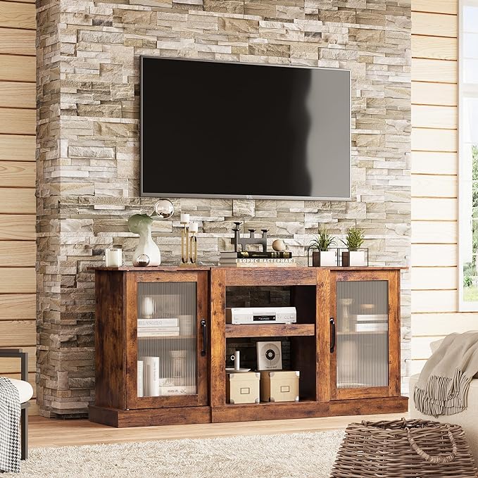 WLIVE TV Stand for 65 Inch TV, Retro Entertainment Center with Glass Cabinet Doors, 58" TV Stands for Living Room and Bedroom, Vintage Television Console, Rustic Brown - LeafyLoom