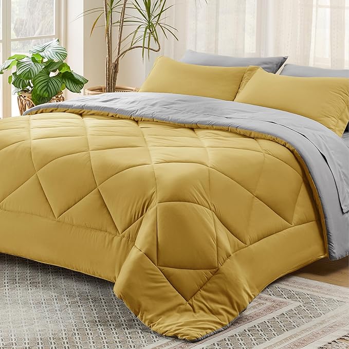 Bedsure Mustard Yellow Full Size Comforter Set - 7 Pieces Reversible Full Bed in a Bag, Full Bed Set Mustard Yellow and Grey with Comforters, Sheets, Pillowcases & Shams - LeafyLoom