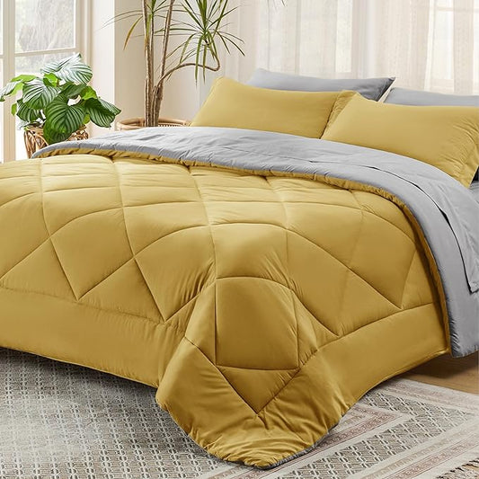 Bedsure Mustard Yellow Queen Comforter Set - 7 Pieces Reversible Queen Bed in a Bag, Queen Bed Set Mustard Yellow and Grey with Comforters, Sheets, Pillowcases & Shams - LeafyLoom