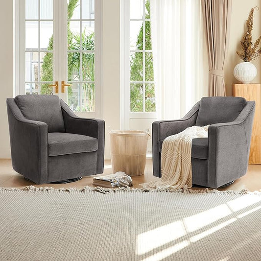 COLAMY 360° Swivel Accent Chair Set of 2, Upholstered Fabric Leisure Armchair with Lumbar Pillow for Living Room Bedroom Home Office, Grey - LeafyLoom