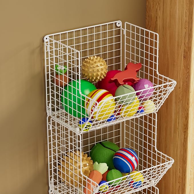 3 Tier Rolling Wire Toy Organizer Basket - with Wheel, S-Hooks, Toy Storage Cart Wall Bookshelf for Kids Room, Playroom, Bedroom (White, Standard) - LeafyLoom