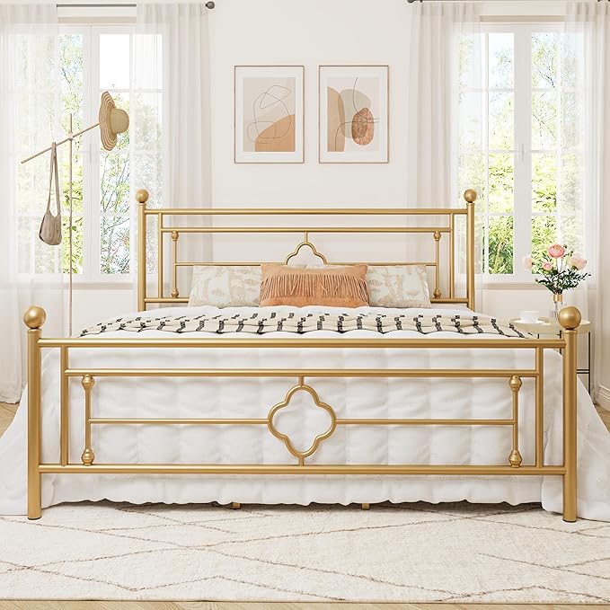 Allewie King Size Metal Platform Bed Frame with Victorian Vintage Headboard and Footboard/Mattress Foundation/Under Bed Storage/No Box Spring Needed/Noise-Free/Easy Assembly, Gold - LeafyLoom