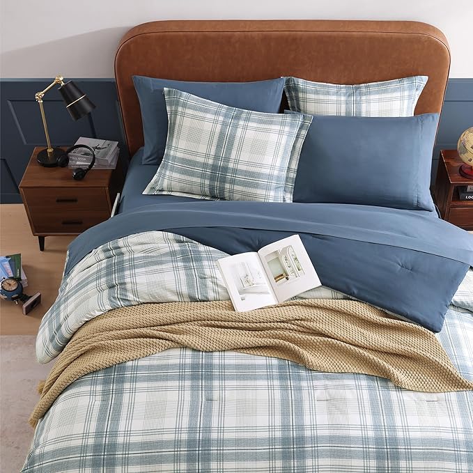 Blue Comforters Queen Size, Plaid Queen Bed Set for Boys & Girls,Classic Homestead-style Queen Size Comforter Sets with Sheets and Comforter Set - LeafyLoom