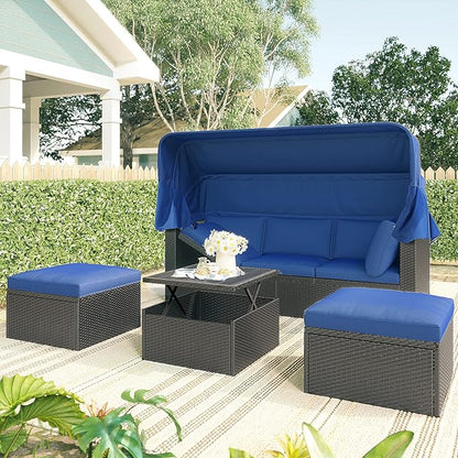 Patio Rectangle Daybed with Retractable Canopy and Lift Up Side Table, PE Rattan Wicker Outdoor Furniture Sectional Sofa Set Sunbed w/Ottoman for Garden, Onesize, Grey Rattan&Blue Cushions - LeafyLoom