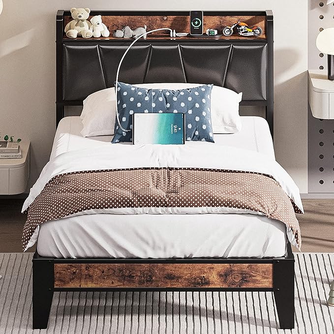 LIKIMIO Twin Bed Frame, Storage Headboard with Charging Station, Solid and Stable, Noise Free, No Box Spring Needed, Easy Assembly (Vintage and Black) - LeafyLoom