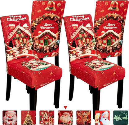 4PCS Christmas Dining Chair Covers Stretch Removable Washable Dining Room Chair Protector Slipcovers Santa Claus House Wreaths Kitchen Chair Cover Slipcover Protector for Xmas Holiday Party Home Décor CZL