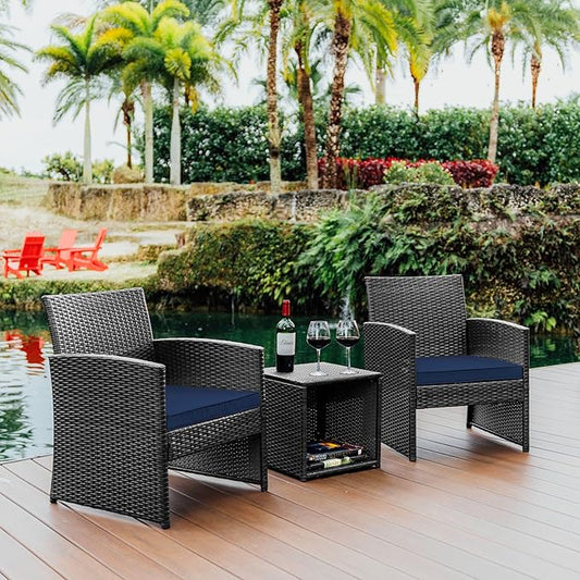 Nestl Wicker Outdoor Furniture Set - 3 Piece Patio Bistro Set (Grey/Navy) - LeafyLoom