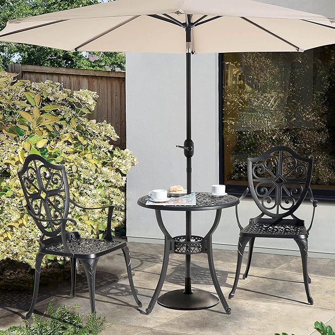 NUU GARDEN 3 Piece Outdoor Bistro Set All Weather Cast Aluminum Patio Set Bistro Table Set Rustproof Patio Table and Chairs with Umbrella Hole for Backyard, Balcony, Front Porch, Black - LeafyLoom