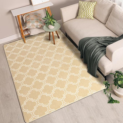 Chicrug Shag Geometric Modern Area Rug for Living Room, 5x7 Feet Large Memory Foam Indoor Carpet, Fluffy Rug for Bedroom Bedside Room Decor for Family Girls Kids Nursery, Beige/White - LeafyLoom