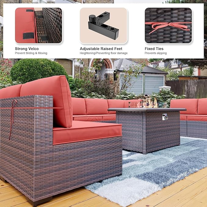 Kullavik 13 Pieces Outdoor Patio Furniture Set with 43" 55000BTU Gas Propane Fire Pit Table PE Wicker Rattan Sectional Sofa Patio Conversation Sets,Red - LeafyLoom