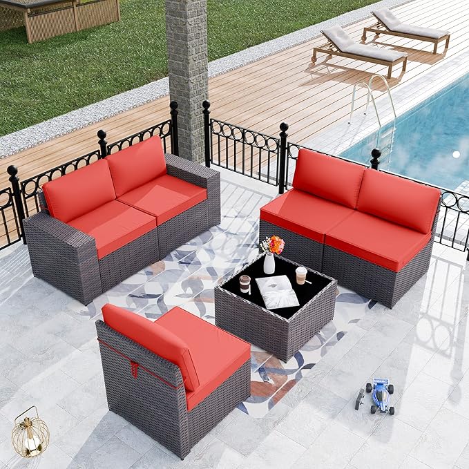 Patio Furniture Set Sofa 6-Piece Wicker PE Rattan Sectional Sofa Set, Outdoor Furniture Patio Conversation Set with Glass Coffee Table and Cushions, Red - LeafyLoom